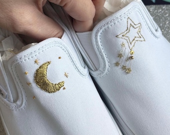 Vans Slip-on Celestiales Bordados a Mano: Zapatos de Boda para Novias, Opción de Nombre Personalizado