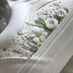 White Wildflower Embroidered Wedding Shoes, wildflower wedding shoes in white and green, bridal white wedding shoes