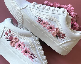 Embroidered Pink Flower Wedding Sneakers: Custom Bridal Shoes