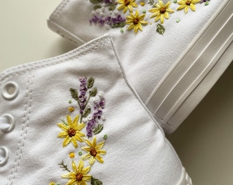 Embroidered Sunflower Lavender Bridal Sneakers: Custom Wedding Shoes