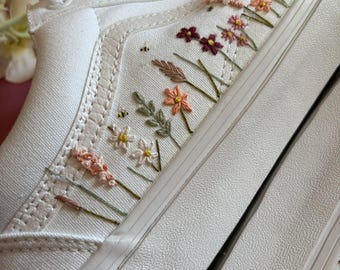 Custom Wedding Shoes Canvas Sneakers, Wildflower Shoes for Bride, White Wedding Shoes, Unique Bridal Shoes, Bling Bridal Shoes