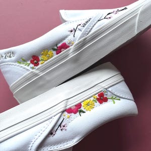 Hand Embroidered Wildflower Wedding Shoes, Custom Bridal Sneakers, slip on vans with wildflowers and poppies