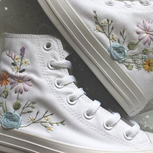 Hand Embroidered converse High Top Sneakers,  pastel flower shoes, custom wildflower sneakers, cornflower daisy shoes
