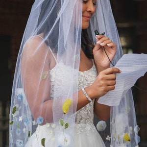 wildflower veil, stitched veil, floating flower veil, ASAGAO design, hand embroidered wedding veil, designer veil || choose length and style