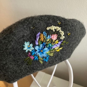 embroidered floral beret, hand embroidered silk flowers, soft wool beret, woolmark beret, choose beret colour