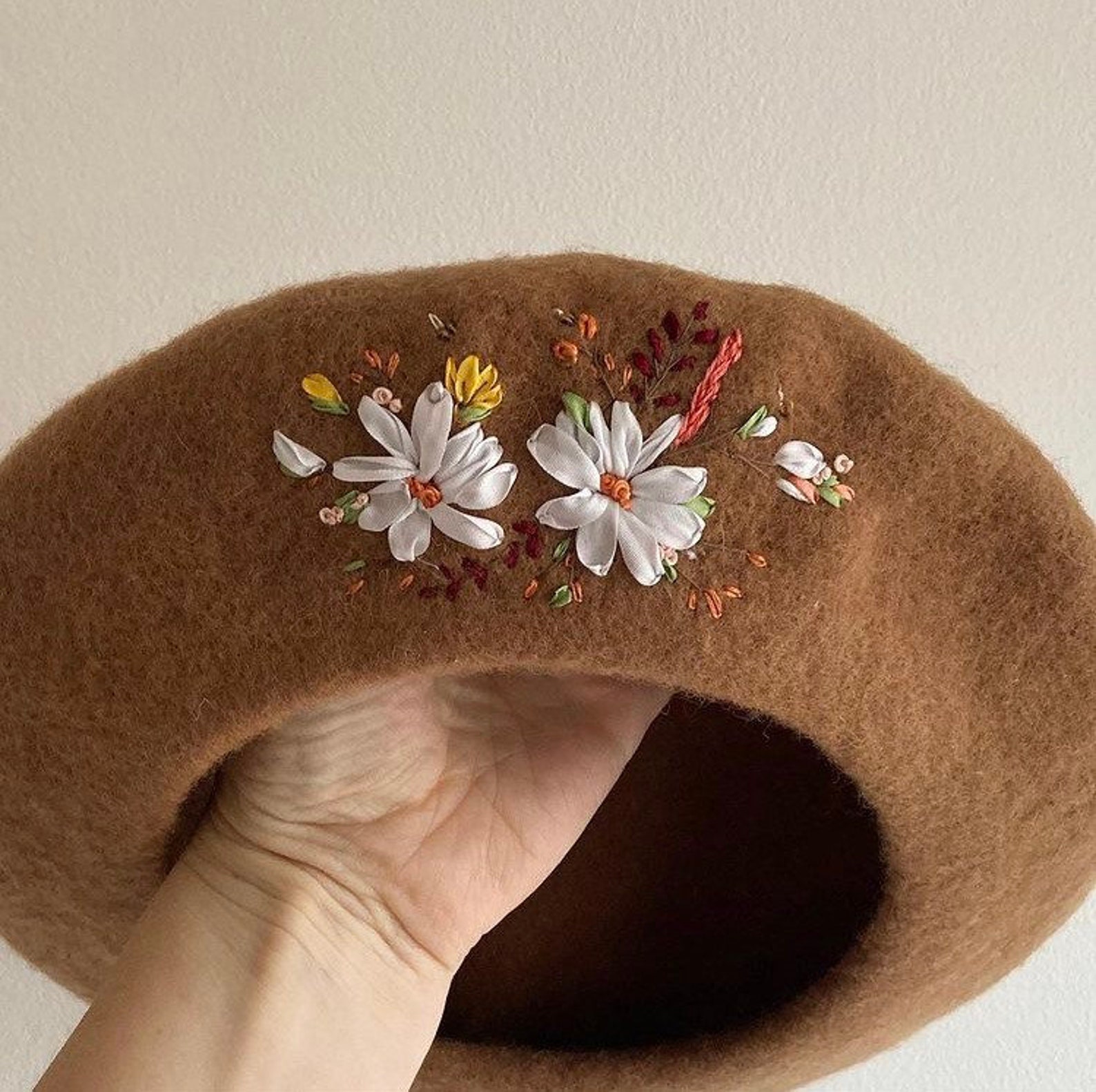 Embroidered Floral Thick Wool Beret With Bees Hand - Etsy UK