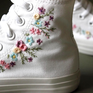 Custom Hand Embroidered Floral Wedding Sneakers with pink and blue flowers, lace up wedding sneakers, converse hi top shoes