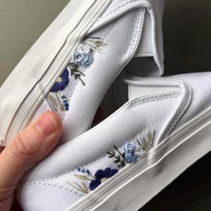 Custom Embroidered Bridal Vans: White and blue Daisy & Rose Wedding Shoes