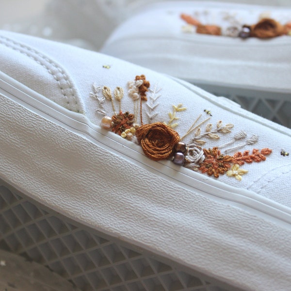 BROWN AND RUST, embroidered wedding shoes, embroidered flowers, custom wedding sneakers, wedding shoe aithentic. sneaker shoes, first dance