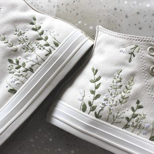 Embroidered Bridal Converse High Tops, Egret Cream Eucalyptus Shoes