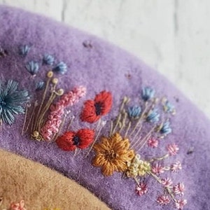 thick wool beret, wildflower wool beret, hand embroidered flower beret, winter hat, silk ribbon flowers, wool beret | Choose beret colour