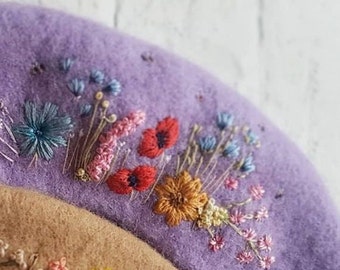 thick wool beret, wildflower wool beret, hand embroidered flower beret, winter hat, silk ribbon flowers, wool beret | Choose beret colour