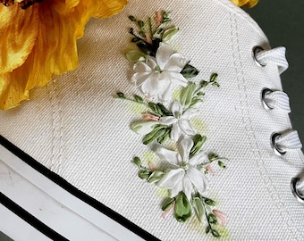 Hand Embroidered Converse Wedding Sneakers, Floral Silk Ribbon Bridal Shoes
