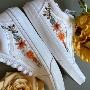 Custom Autumn Bridal Sneakers, Embroidered Wedding Converse, Floral Vans, Bright Fall Wedding Shoes