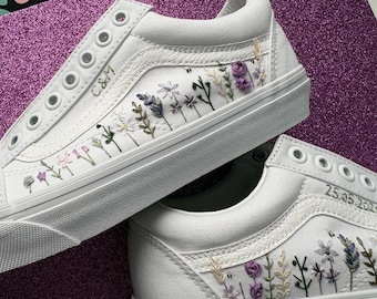 Vans Old Skool bordadas, zapatillas de boda con flores silvestres de color lila púrpura, zapatos de novia personalizados con lavanda