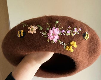 Hand embroidered beret, silk ribbon flowers, 100% wool beret with pure silk, vintage style embroidery | choose beret colour