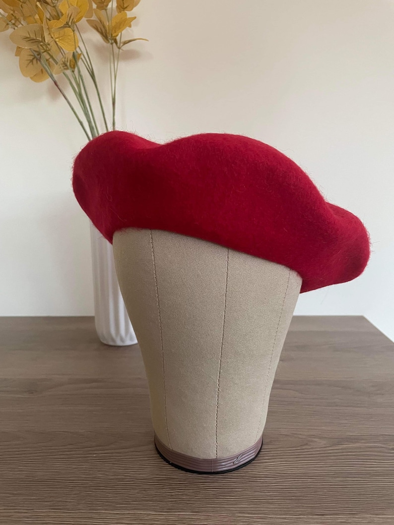 Bright Red Wool Beret Thick and Warm French Style Hat for Winter, thick wool with woolmark image 6