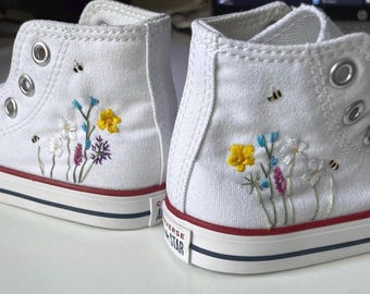 Embroidered Converse Shoes, Floral Bee Design, Custom Bridal Wedding Sneakers, childrens shoes