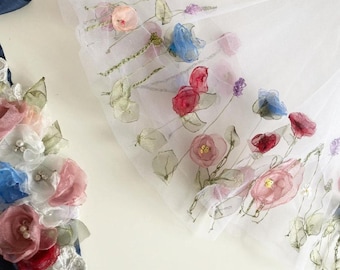 Velo de novia con flores silvestres bordado a mano: diseño de flores flotantes Ayame / Elige largo y estilo