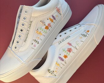 Custom Embroidered Old Skool Vans, Pastel Wildflower Wedding Sneakers