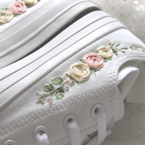 Hand Embroidered Wedding Shoes, cream and pink Rose Converse Sneakers