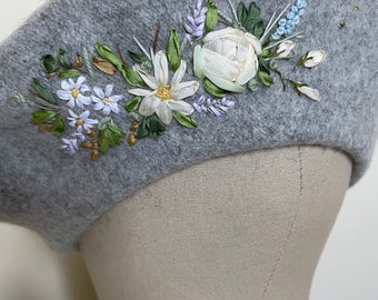 READY TO SHIP, wildflower flower beret, silk flower, vintage style beret, hand embroidered beret, real wool silk beret,