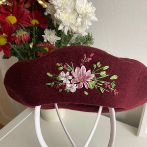 Hand Embroidered Wool Beret: Silk Ribbon Flower, Vintage Style