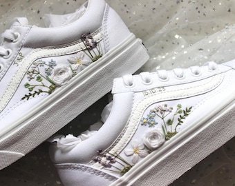 White Wildflower Embroidered Vans, Custom Bridal Old Skool Wedding Shoes