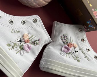 Childrens Custom Bridal Shoes, Floral Design Canvas Trainer, Embroidered Unisex Footwear