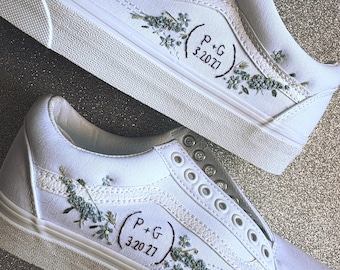Embroidered Wedding Vans, Custom Monogram Bride Sneakers, Floral Detail, Something Blue Kicks