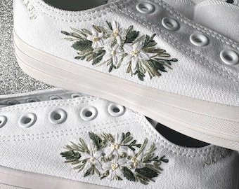 Hand Embroidered edelweiss white flowers & Leaves Sneakers, Bridal Shoes, traditional white wedding