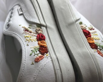 Embroidered autumn orange Wedding Vans, Custom fall Floral Bridal Shoes