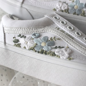 Custom Embroidered Wedding Sneakers: Blue Floral Bridal Shoes