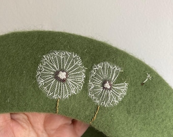 Embroidered Wool Beret • Dandelion Clock Motif • Handmade Vintage Cottagecore Accessory