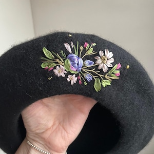 Hand Embroidered Wool Beret: Vintage Style Silk Ribbon Flowers