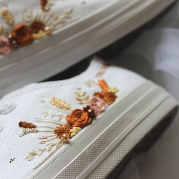 custom wedding converse, pink and brown rustic wedding shoes, hand embroidered flower shoes, custom bridal shoes, 2024 wedding