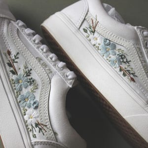 Custom Embroidered Wedding Sneakers: Blue Floral Bridal Shoes
