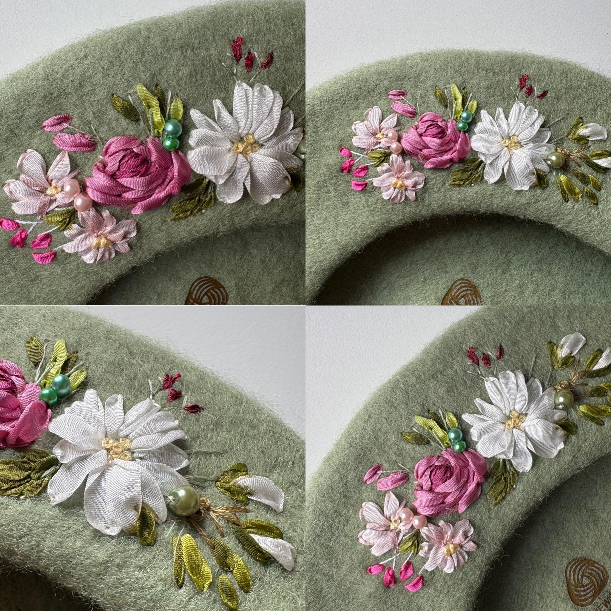 Hand Ribbions Hand Embroidered Wool Beret: Silk Ribbon Flowers, French Style - Choose ...