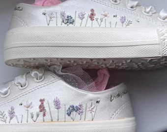 Flower Girl Wedding Trainers ivory faux leather, embroidered kids Converse