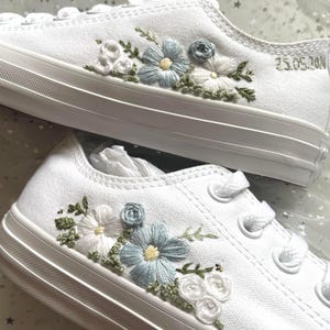 Custom Embroidered Wedding Sneakers: Blue Floral Bridal Shoes