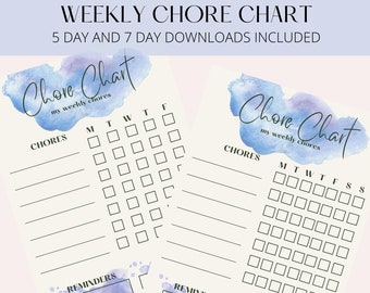 Printable Chore Chart, Blue Watercolor Kids Chore Chart, Blue Weekly Chore Tracker, Daily Chores Checklist, Digital Download Chore List