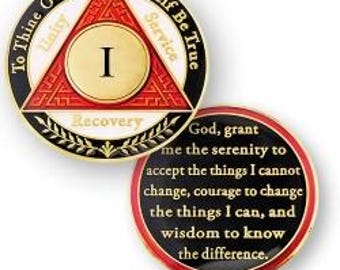 1 Year AA Medallions Sobriety Coin - Alcoholics Anonymous Chips - One Year Coins - Red White Black Token