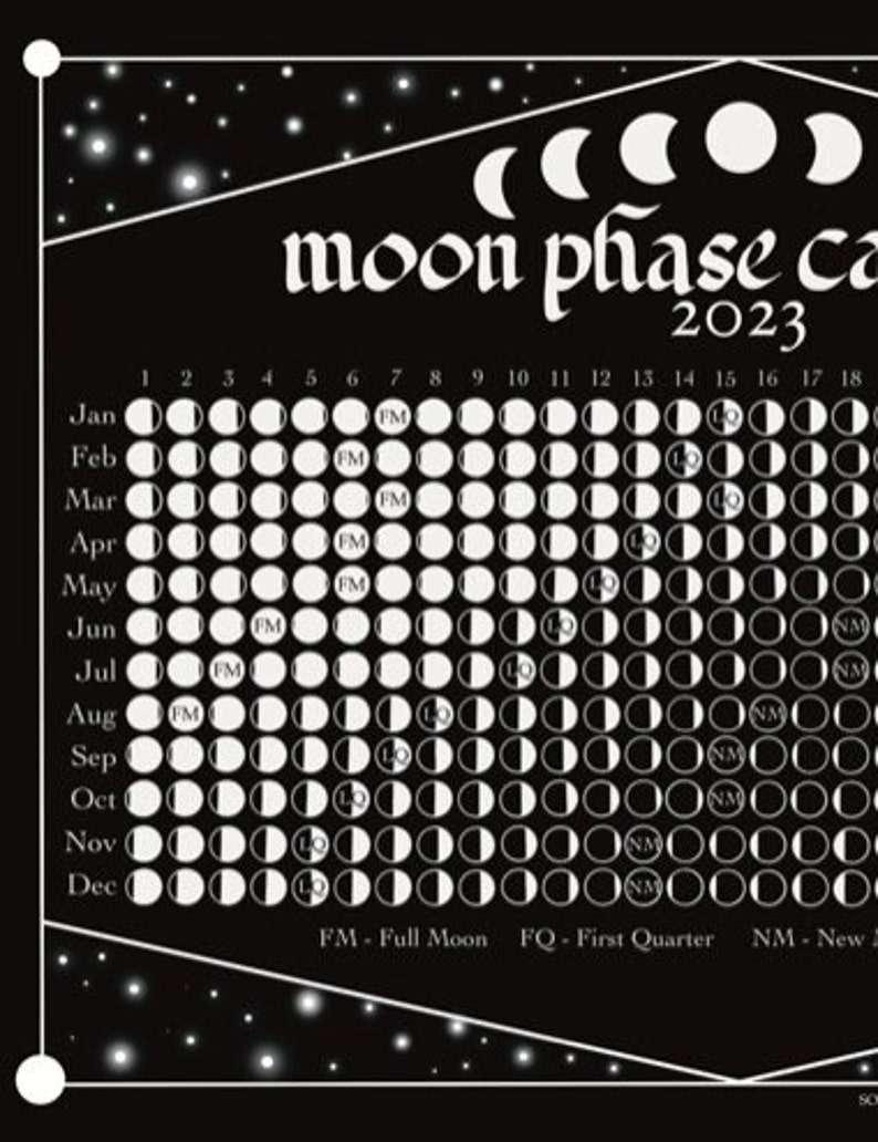 Moon Phases Calendar 2023 Full Year 365 Day Lunar Calendar - Etsy
