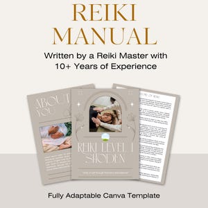 May include: A Reiki manual Canva template featuring three pages with beige backgrounds, gold text, and imagery of hands performing energy healing. The central page displays the text Reiki Level 1 Shoden, while the others show About You and History of Reiki sections with placeholder text and decorative line art illustrations.