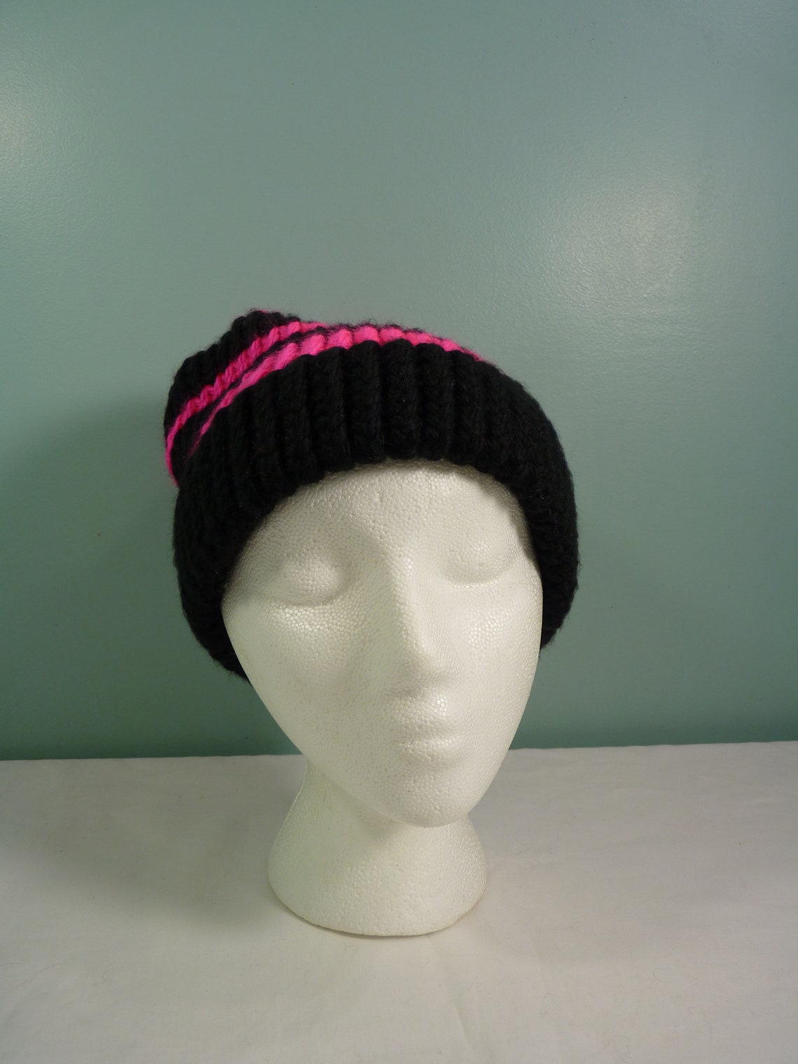 Black and Hot Pink Knit Hat Slouchy Knit Hat Womans Knit Etsy