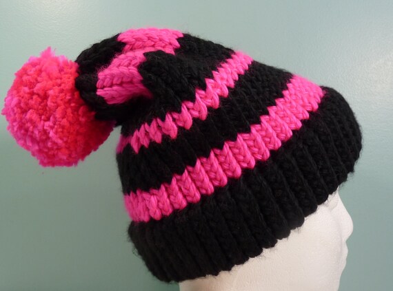 Black and Hot Pink Knit Hat Slouchy 