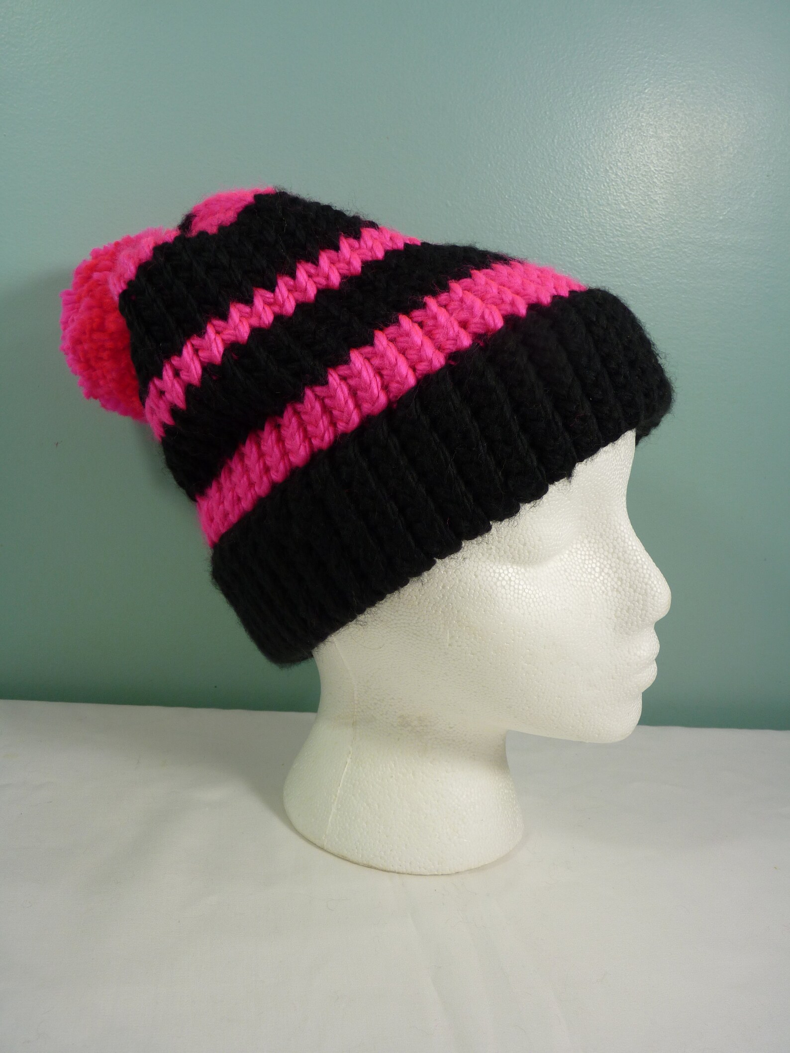 Black and Hot Pink Knit Hat Slouchy Knit Hat Womans Knit Etsy