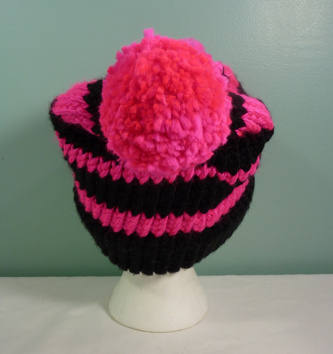 Black and Hot Pink Knit Hat Slouchy Knit Hat Womans Knit Etsy