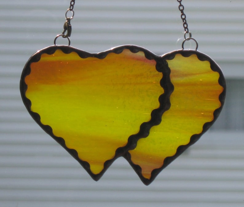 hot yellow and pink Stained Glass Double Heart 11