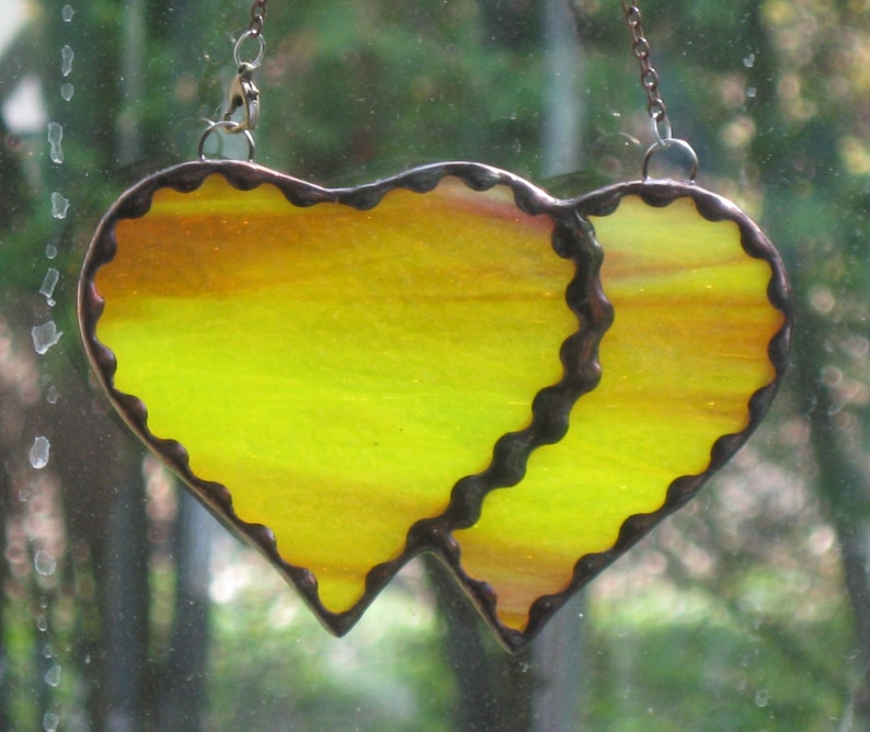 hot yellow and pink Stained Glass Double Heart 11